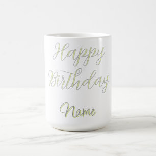 Happy birthday green pastel grey name date modern coffee mug