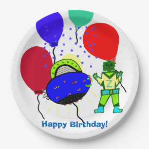 Happy Birthday Green Robot Boy Blue Spaceship Paper Plate