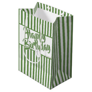 Happy Birthday Green/White Simple Stripes Pattern Medium Gift Bag