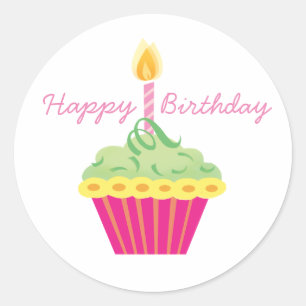 Happy Birthday Green Yellow and Pink Cupcake Classic Round Sticker