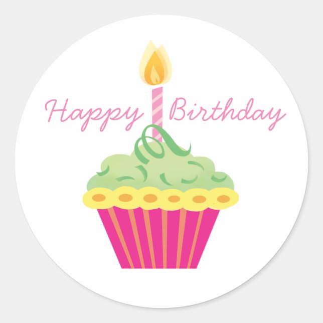 Happy Birthday Green Yellow and Pink Cupcake Classic Round Sticker (Front)