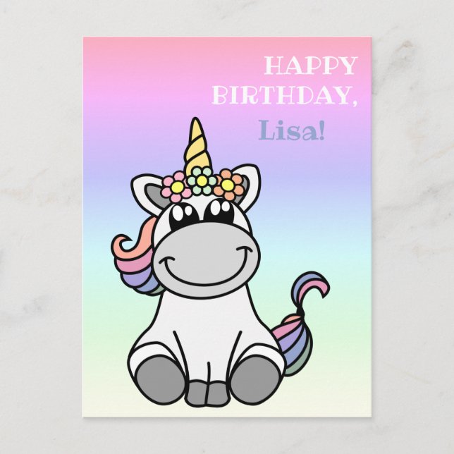 Happy Birthday Greetings Cute Unicorn Rainbow Pink Postcard (Front)