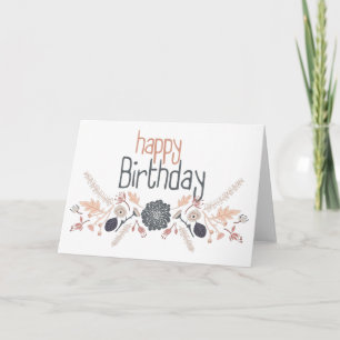 Happy Birthday Grey Blue Peach Floral Motif Card
