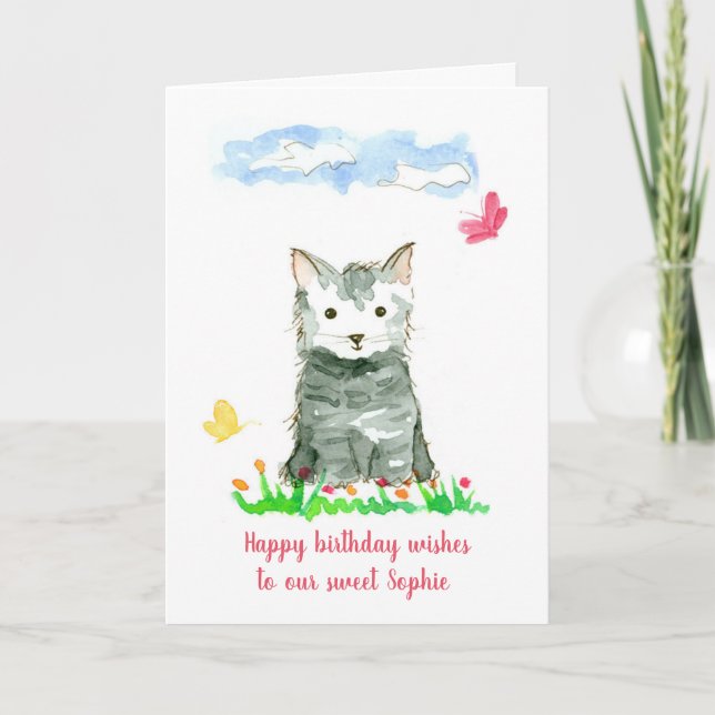 Happy Birthday Grey Kitten Custom Name Card (Front)