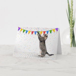 Happy Birthday Grey Tabby Cat In Confetti Card