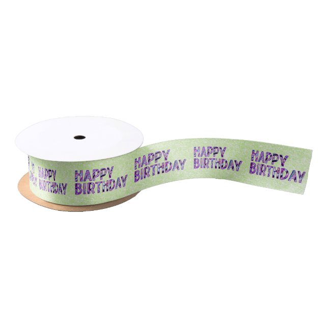 Happy Birthday Groovy Colourful Text on Lime Satin Ribbon (Spool)