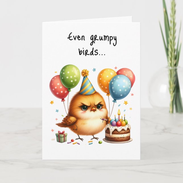 Happy Birthday Grumpy Bird Cake Candles Party Hat Card (Front)