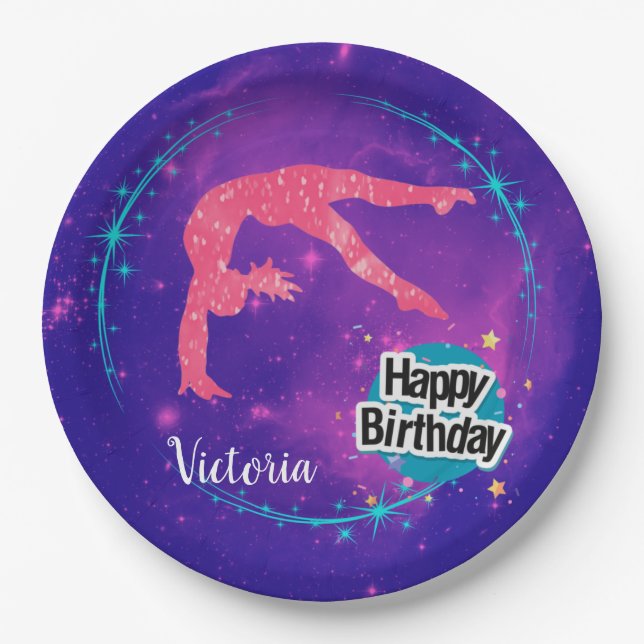 Happy Birthday Gymnastics Galaxy Tumbling Paper Plate (Front)