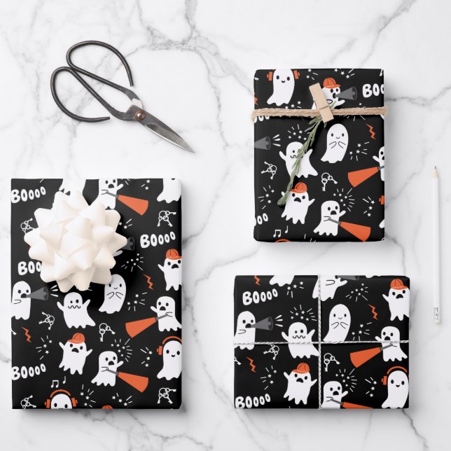 Happy Birthday Halloween Cute Ghost Pattern Wrapping Paper Sheet (Front)