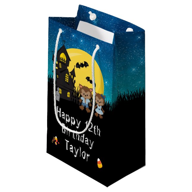 Happy Birthday Halloween Werewolf Blue Small Gift Bag (Front Angled)