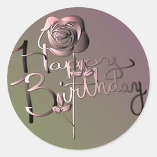 "Happy Birthday!" Hand-written Gradient w Rose Classic Round Sticker