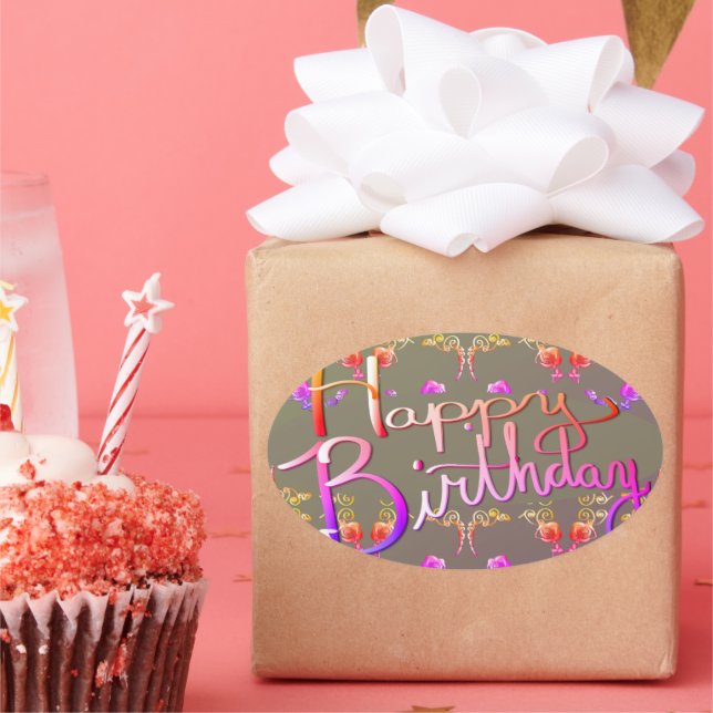 "Happy Birthday!"Hand-written Rose Hearts Grey Oval Sticker (Party)