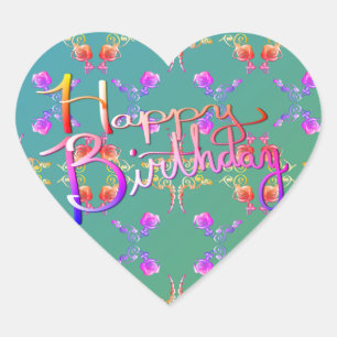 "Happy Birthday!"Hand-written Rose Hearts Heart Sticker