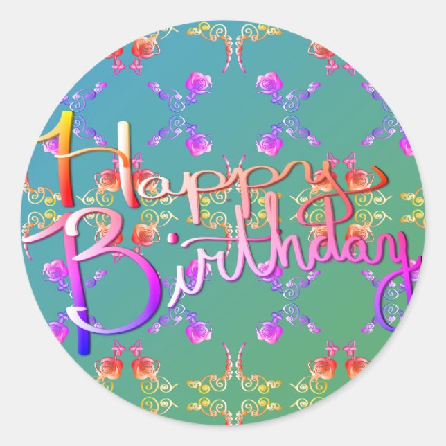 "Happy Birthday!"Hand-written Rose Hearts Teal Classic Round Sticker (Front)