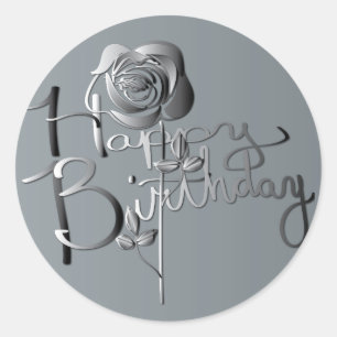 "Happy Birthday!" Hand-written Silver 3D Rose Classic Round Sticker