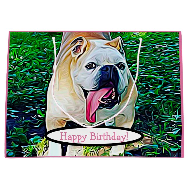 Happy Birthday handsome bulldog pink tongue Large Gift Bag (Front)