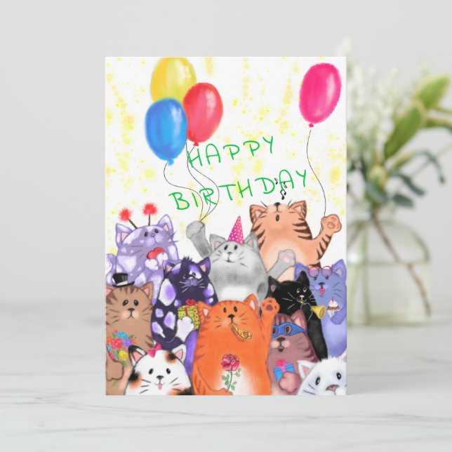 Happy Birthday - Happy Cat Party Cartoon Drawing (Standing Front)
