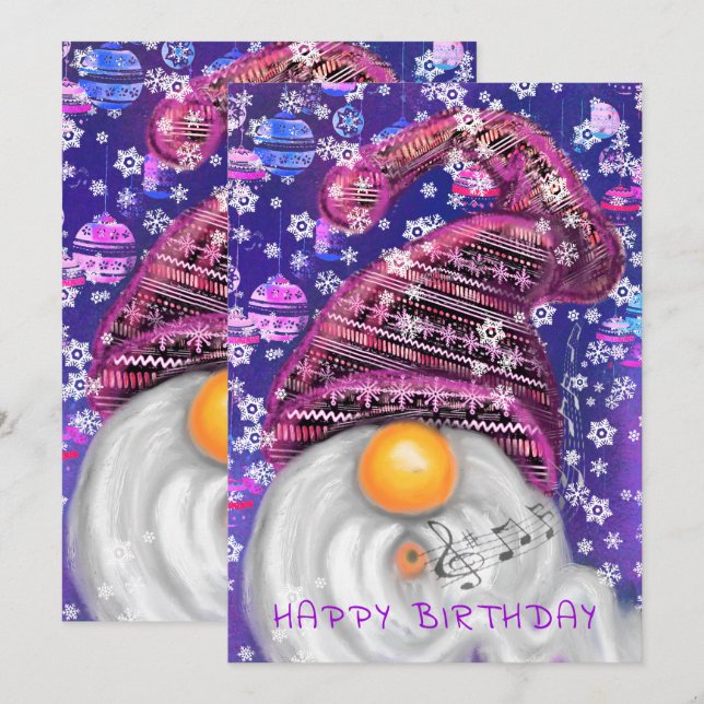 Happy Birthday - Happy Gnome In Purple Hat Sings (Front/Back)