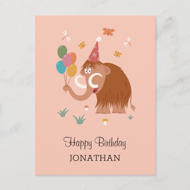Happy Birthday Hat Cartoon Cute Mammoth Balloons Postcard (Front)