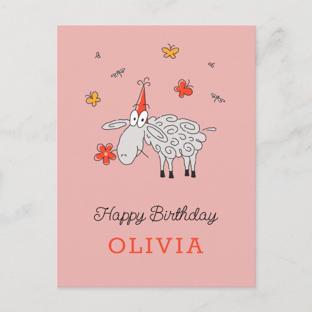 Happy Birthday Hat Cute Cartoon Lambkin Flower Postcard (Front)