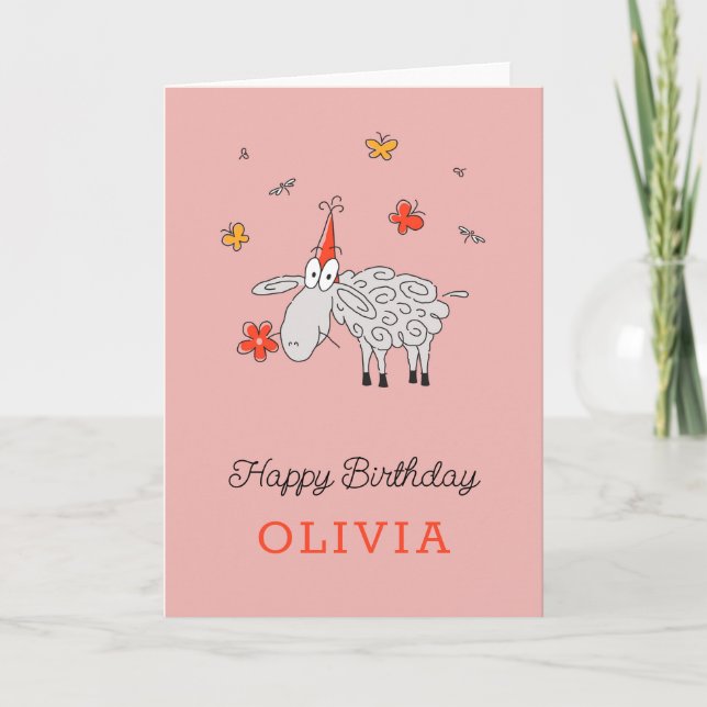 Happy Birthday Hat Cute Cartoon Sheep Flower Card (Front)