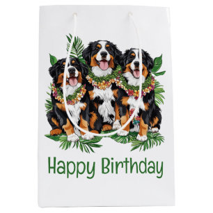 Happy Birthday Hawaiian Bernese Mountain Dogs Medium Gift Bag
