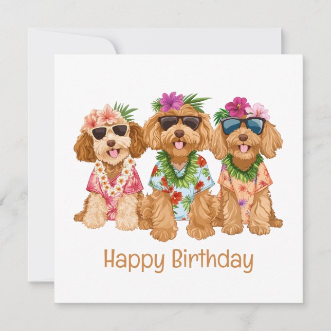 Happy Birthday Hawaiian Goldendoodle Dogs Card (Front)