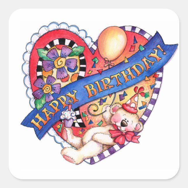 Happy Birthday Heart Square Sticker (Front)