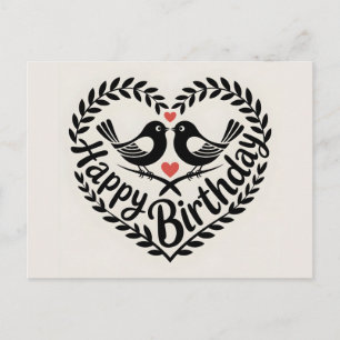 Happy Birthday Heart with Love Birds Graphic Postcard