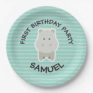 Happy Birthday Hippo Party Animals Paper Plate