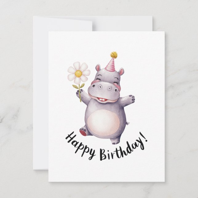 Happy Birthday Hippo with Daisy and Party Hat Holiday Card (Front)