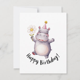 Happy Birthday Hippo with Daisy and Party Hat Holiday Card