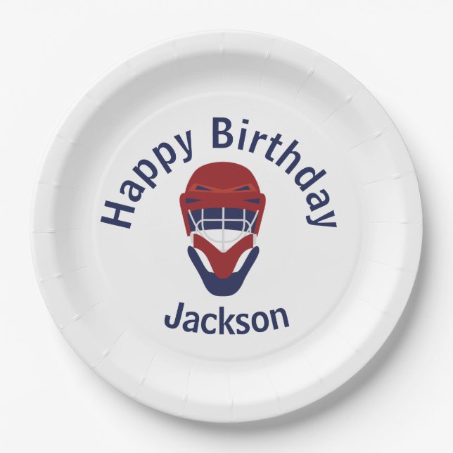 Happy Birthday Hockey Red & Blue Paper Plate (Front)