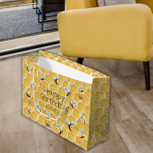 Happy Birthday Honeycomb and Bees with name Large Gift Bag