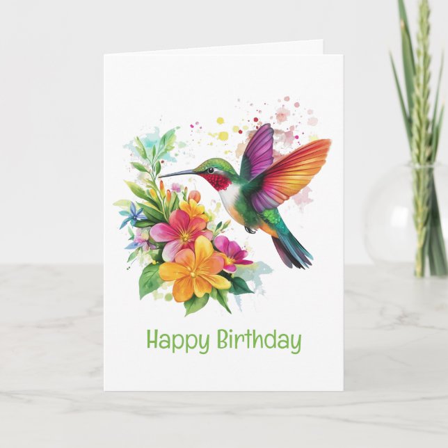 Happy Birthday Hummingbird Tropical Flowers Card (Front)