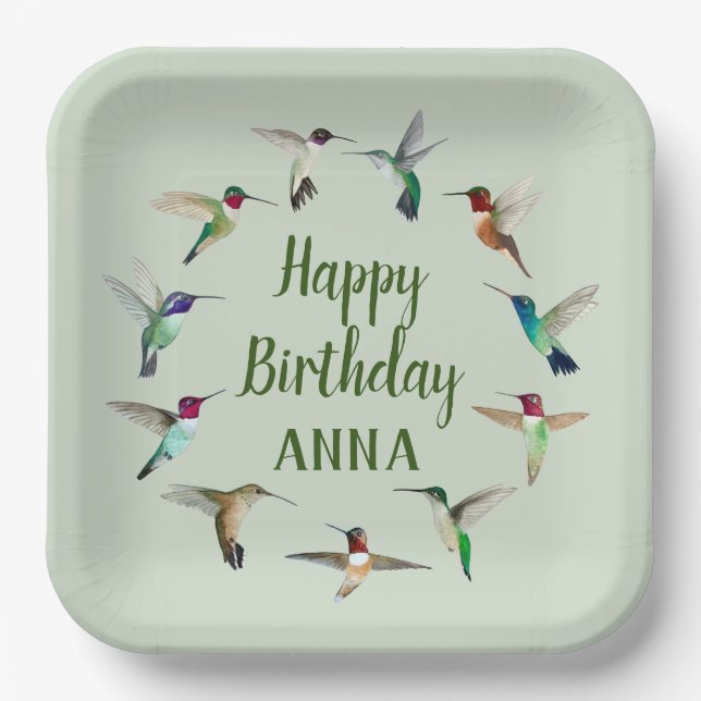 Happy Birthday Hummingbirds Custom Paper Plates (Front)