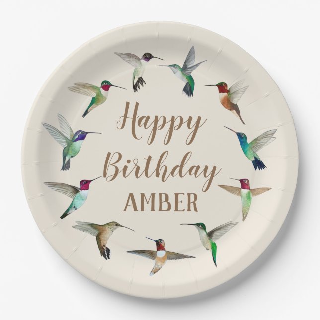 Happy Birthday Hummingbirds Custom Paper Plates (Front)