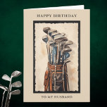Happy Birthday Husband Golf Bag Birthday Card<br><div class="desc">Happy Birthday card for a golf enthusiast. Happy Birthday To My Husband greeting on front centred above and below a watercolor illustration of a brown leather golf bag holding golf clubs. A neutral beige watercolor background and black border enhance the illustration. Solid background in colour to match illustration inside left....</div>