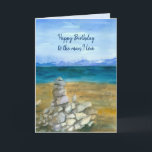 Happy Birthday Husband Lake Zen Rocks Card<br><div class="desc">A "Happy Birthday to the man I love" greeting card decorated with a mountain lake with zen rocks stacked on the beach painted in watercolor. Inspired by a early spring scene from Lake Tahoe south shore.  You can edit the message to fit your needs.</div>