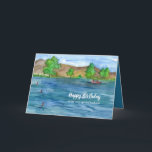 Happy Birthday Husband Mountain Lake Fishing Card<br><div class="desc">A happy birthday husband greeting card decorated with people in a boat fishing on a desert mountain lake with calm blue waters and sky illustrated with ink and watercolor.  You can edit the text and inside colour to fit your needs.</div>