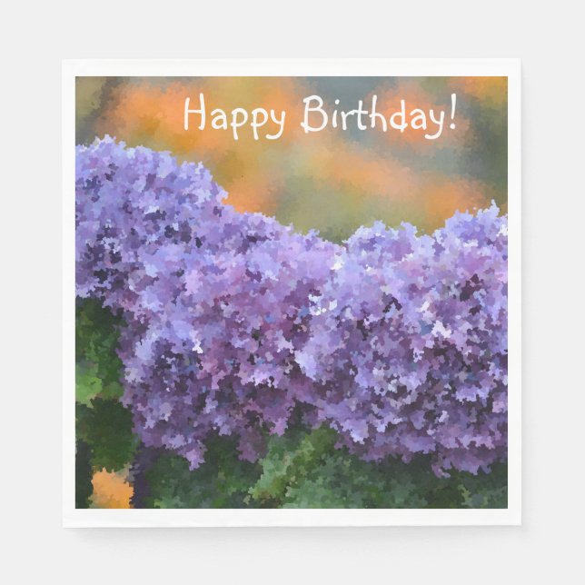 Happy Birthday Impressionistic Purple Hydrangea Napkin (Front)