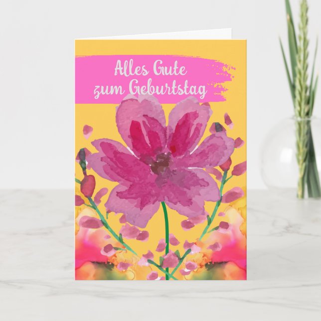 Happy Birthday in German Watercolor Flowers Card (Front)