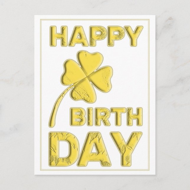 Happy Birthday in Gold with 4-leaf-clover! Postcard (Front)