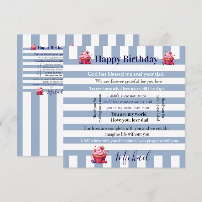 Happy Birthday Invitation Blue & White Stripe  (Devant / Derrière)