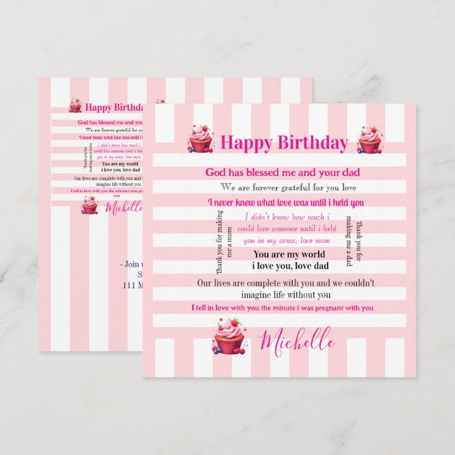 Happy Birthday Invitation Pink & White Stripe (Devant / Derrière)