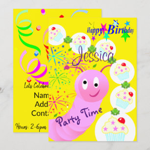 Happy Birthday Invitation Pink Worm Cupcakes