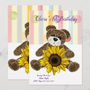 Happy Birthday Invitation Teddy Bear Pastel Stripe
