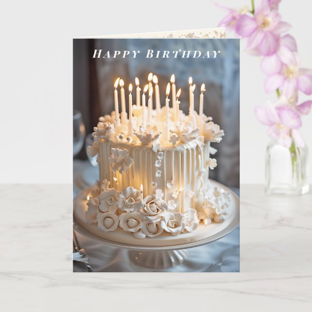 Happy Birthday Ivory Cake Candles Roses Card (Orchid)