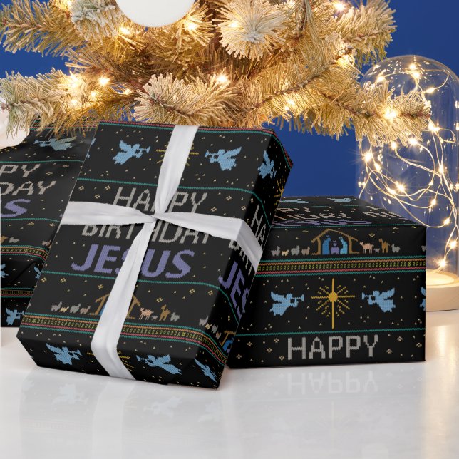 Happy Birthday Jesus Christian Christmas Sweater Wrapping Paper (Holidays)
