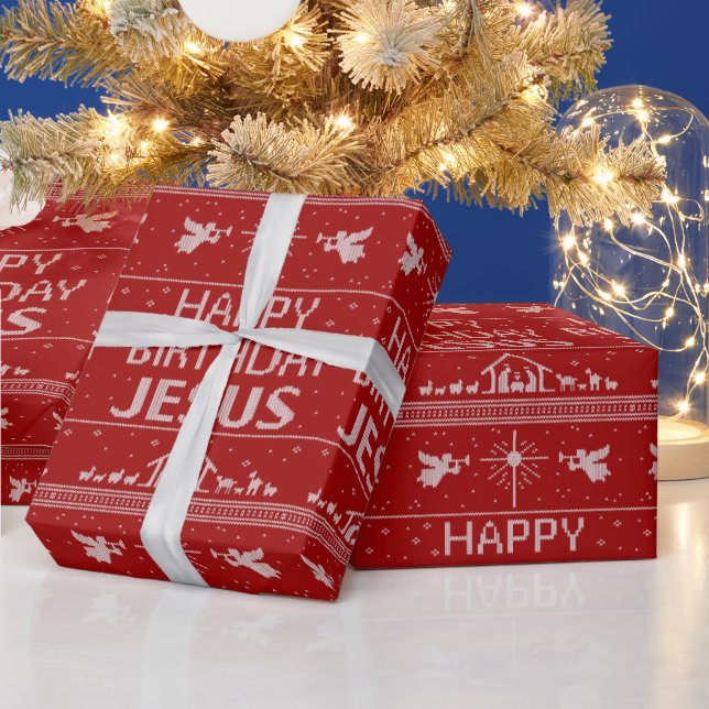 Happy Birthday Jesus Christmas Sweater Christian Wrapping Paper (Holidays)